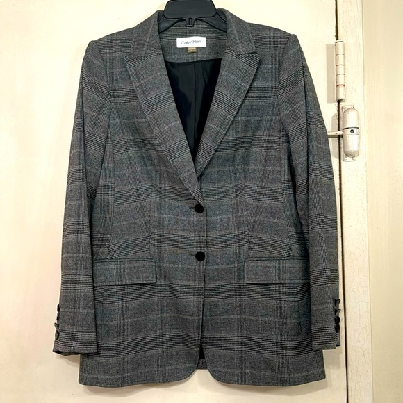 CALVIN KLEIN grey plaid ladies classic two button blazer -Sz.12 like new - Picture 2 of 9